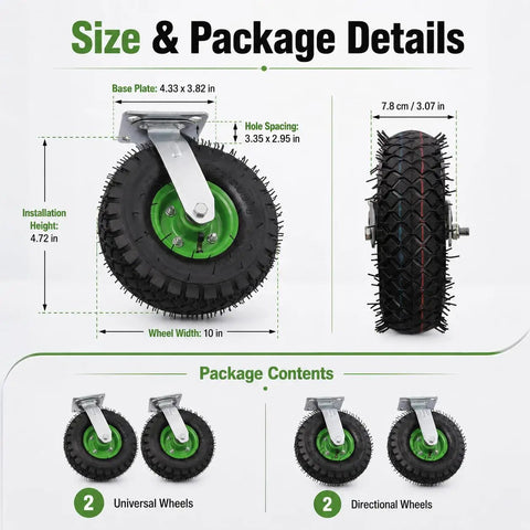 Heavy Duty 10 Inch Pneumatic Caster Set With Two Swivel And Two Rigid Black Rubber Wheels, size and installation details.