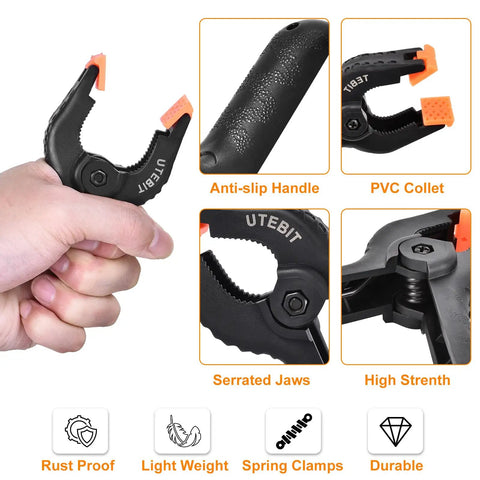 Hand holding Heavy Duty Backdrop Clamps 4 Inch 12 Pack Muslin Clips for Photo Studio DIY Projects, featuring serrated jaws.