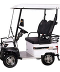 Kick Around With This Hella Smooth Electric Golf Cart Featuring Roomy Storage Box And 800W Motor Power Perfect For Seniors Adults Doubles As Mobility Scooter For Courses Beaches Farms side view showing black seat and white frame.