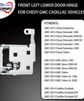 Rock Solid Rugged Bolt On Lower Front Left Door Hinge For 2007-2014 Chevy Silverado Tahoe Suburban Avalanche GMC Sierra Yukon Cadillac Escalade Direct Fit Replacement on black background.