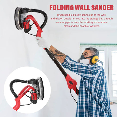 Man using Beast 750W Drywall Sander with Vacuum and LED Light on white wall, showing foldable disc and dust-collection feature.