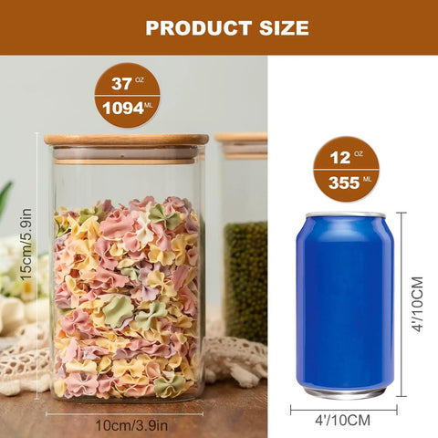 Airtight Glass Storage Jars Set Of 6 37 Oz Each With Bamboo Lids For Tea Coffee Flour Sugar Snacks Spices Candy And Cookies, jar size reference with a soda can.