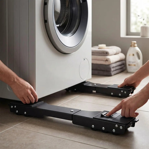Heavy Duty Extendable Appliance Rollers With Thirty Six Upgraded Black Wheels For Moving Dryers Washing Machines Fridges And Furniture Sliding Gear adjusting under a washing machine.
