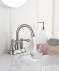 Person using Two Handles Brushed Nickel Bathroom Faucet With Overflow Pop Up Drain For 3 Hole Sinks, 360 Degree Swivel Spout