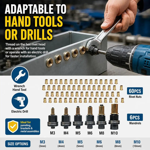 Pro Grade Rivet Nut Tool Kit With Mandrel Head Set M3 To M10, Carbon Steel Build, Heavy Duty Rivet Nut Hardware, Universal Dual Compatibility, Premium Bearing Washer Design For Smooth, Stripping Resistant Fastening, used with wrench and drill