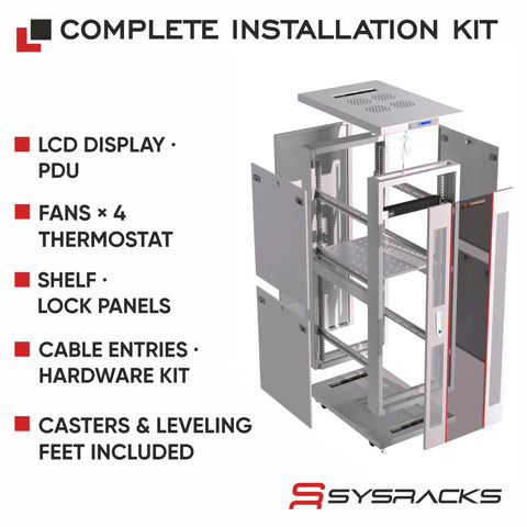 32U Server Rack Cabinet With 19 Inch Network Enclosure Layout 35 Inch Deep Floor Standing Data Chassis showing complete installation kit components.