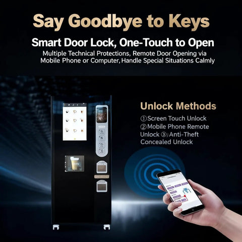 Smart door lock with touchscreen interface showing mobile phone app for remote unlock and anti-theft feature.