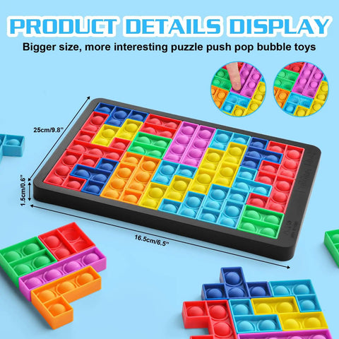Slick Silicone Pop Puzzle Fidget Toy Buttery Smooth Push Pop Brain Teaser showing colorful geometric shapes for stress relief.
