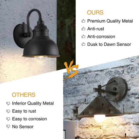 Comparison with Gooseneck Barn Light With Dusk To Dawn Sensor Outdoor Old School Farmhouse Wall Sconce For Patio Porch Garage 1 Light Weather Resistant Black Finish Classic Barn Lighting Fixture 7.08 Inch Diameter and other product showing metal quality and sensor differences.