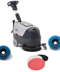 Battery Powered Walk Behind Floor And Carpet Scrubber Buffer Polisher With 16 Inch Brush And 21.5 Inch Squeegee 6.5 Gallon Tank 200 Rpm, extra brushes included.