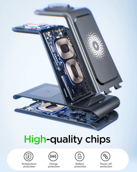 Exploded view of Three In One Wireless Charging Stand For Galaxy Phones Watches And Buds Fast Charge Dock showing internal chips