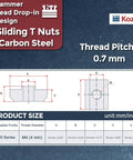 Bulletproof Heavy Duty Hammer Nuts Sliding T Fasteners For 3030 Aluminum Extrusion dimensions in carbon steel with thread pitch 0.7 mm.