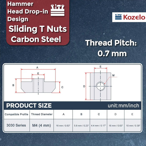 Bulletproof Heavy Duty Hammer Nuts Sliding T Fasteners For 3030 Aluminum Extrusion dimensions in carbon steel with thread pitch 0.7 mm.