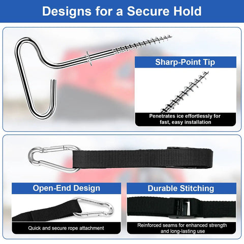 Heavy Duty Ice Shelter Tie Down Kit With Two Beefy Grip Self Tapping Anchors And Two Cam Straps for secure ice fishing setup