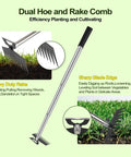 2-In-1 Weed Puller And Rake Tool for Weeding Dandelions and Grass with sharp blade and heavy duty rake on grassy background.