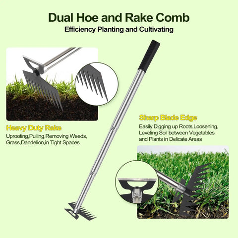 2-In-1 Weed Puller And Rake Tool for Weeding Dandelions and Grass with sharp blade and heavy duty rake on grassy background.