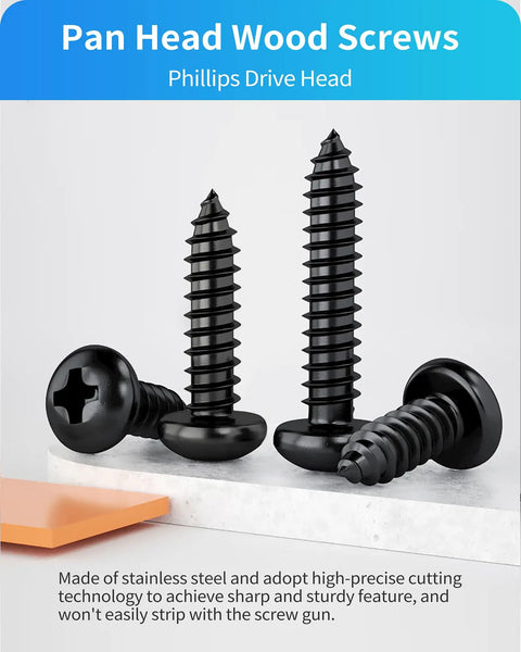 Top Tier 550 Piece Tough As Nails Black 304 Stainless Steel Wood Screw Assortment Kit With Phillips Pan Head and self tapping grip