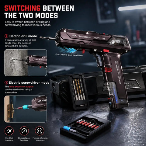 Futuristic Cordless Drill Kit And High Torque Rechargeable Power Tool Set showing modes with drill bits and screwdriver attachments.
