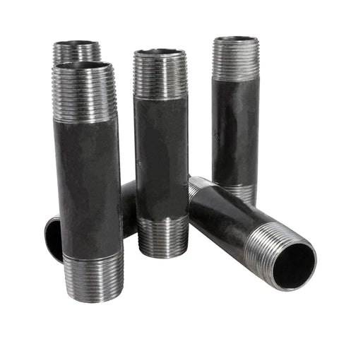 Five black malleable steel pipe fittings from Dope 60 Piece Black Malleable Steel Pipe Fittings Kit For DIY Projects Three Quarter Inch Nipples