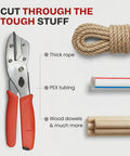RONAN Multi-Cut utility cutter with orange handles; pictured with thick rope, PEX tubing, and wood dowels.