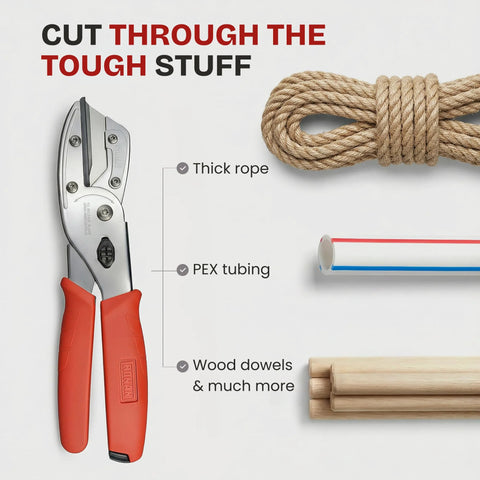 RONAN Multi-Cut utility cutter with orange handles; pictured with thick rope, PEX tubing, and wood dowels.