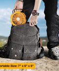 Person holding Portable High Velocity Industrial Fan With LED Light And USB Powered Handheld Fan, fitting in a backpack