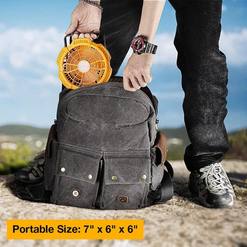 Person holding Portable High Velocity Industrial Fan With LED Light And USB Powered Handheld Fan, fitting in a backpack