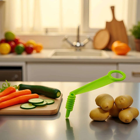 Green spiral vegetable slicer with handle on a kitchen counter beside potatoes and cucumber slices