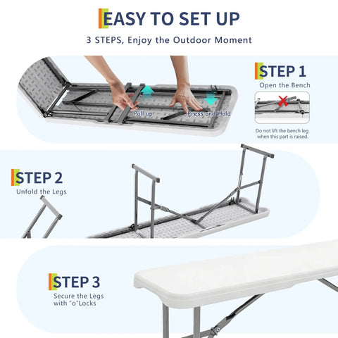 Setup steps for Go-To 6-Foot Folding Bench Two Pack Portable Plastic Outdoor Seating with Carry Handle and Lock All Weather HDPE