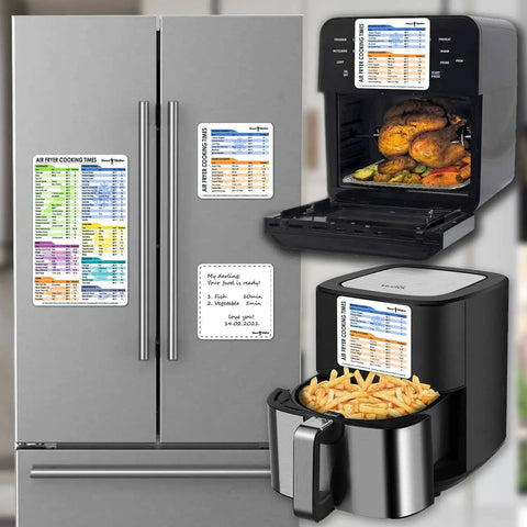 Magnetic Cheat Sheet For Air Fryer Fans With 100 Plus Cooking Times on fridge, air fryer, showing large font, waterproof 3-piece set.