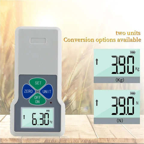 Handheld Digital Hardness Tester And Sclerometer For Corn Wheat Coffee And Feed Dead On Accuracy With Easy Grip Body showing LCD display with kg and N readings.