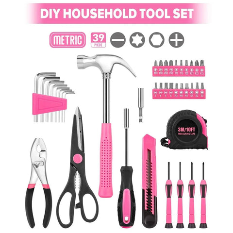 Pink 39-Piece Home Tool Set With Plastic Toolbox, Essential Hand Tools For DIY Projects and Home Repairs, ready to use