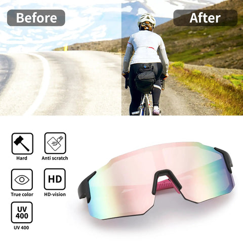 Top Tier Wrap Around Sports Sunglasses For Men And Women Drip In Style With Uv400 Eye Protection And Wide One Piece Lens Built Tough For Baseball Biking And Dirt Trails, shown from the front with rainbow mirrored lens.
