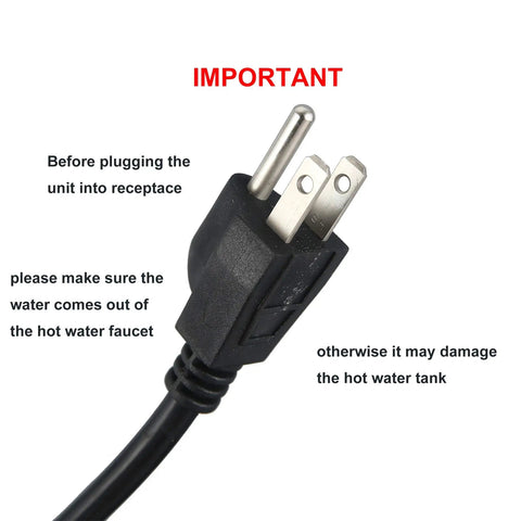 Power plug with warning text for Countertop Hot And Cold Water Dispenser With 3 To 5 Gallons Capacity, Child Safety Lock.