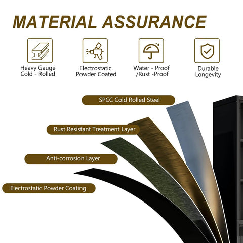 Material assurance of tall narrow metal storage cabinet with lock for home office school garage or gym, showcasing layers and durability.