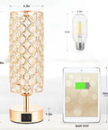 Touch Control Crystal Bedside Lamp With USB Ports, Dimmable 3 Way Gold Nightstand Light For Bedroom, size chart shown