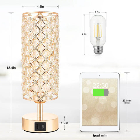 Touch Control Crystal Bedside Lamp With USB Ports, Dimmable 3 Way Gold Nightstand Light For Bedroom, size chart shown