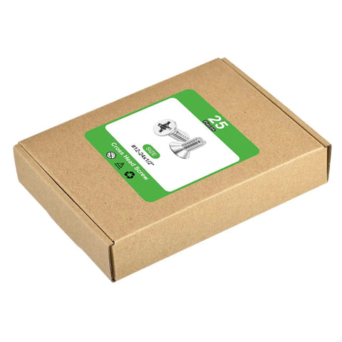 Heavy Duty Pack Of Twenty Five Size Number Twelve Twenty Four By Half Inch Phillips Pan Head Machine Screws in packaging.