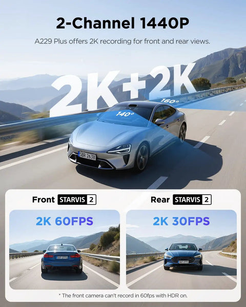 A229 Plus Dual Dash Cam Front And Rear With STARVIS 2 Sensors HDR 2 Channel 1440P Front And 1440P Rear Video 5GHz WiFi