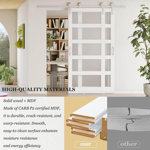 84 Inch By 84 Inch Sliding Bypass Barn Door Set With Six Point Nine Eight Foot Silver Hardware Kit Double Five Panel Frosted Glass Doors MDF Construction DIY Painted White Space Saving Easy Install Modern Room Divider in a modern room setting.