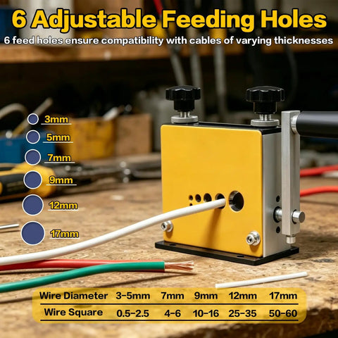 No Sweat Heavy Duty Wire Stripper Machine For Copper Cable 3 To 17 MM And Drill Compatible Stripping Tool showing 6 adjustable feeding holes for wire sizes.
