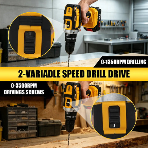 Rugged 21V Cordless Drill Kit Featuring Rechargeable Batteries And Quick Release Keyless Chuck for variable speed drilling and screw driving.
