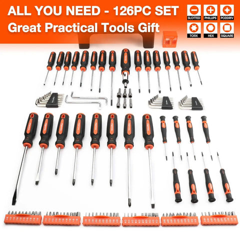 126 Piece Magnetic Screwdriver Set With Plastic Organizer for Home Projects DIY Tool Kit including various tools.
