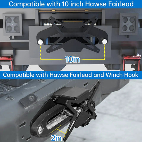 Universal Flip Up License Plate Mount For 10 Inch Hawse Fairlead Front Bumper Off Road Ready Bracket For Pickups And SUVs Compatible With Winches Rope Guides And Hook Systems, black steel bracket on bumper