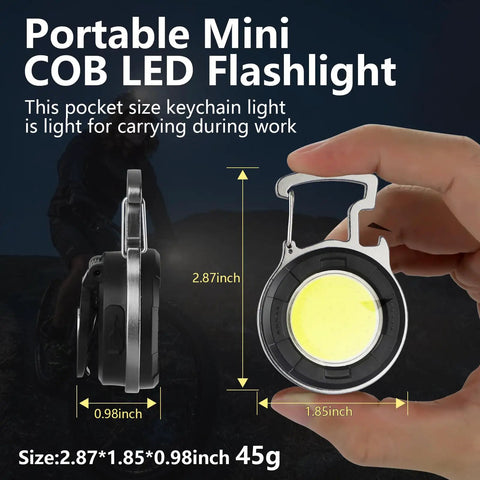 Person holding 2 Pack 1000 Lumen EDC Keychain Flashlight With COB Work Light and Bottle Opener, showing size dimensions.