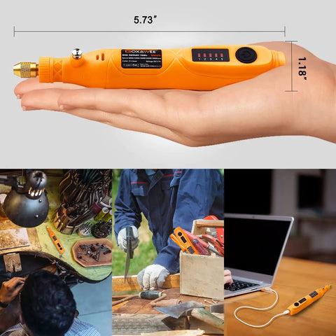 Mini Cordless Rotary Tool Kit with 105 Accessories in hand, USB rechargeable for DIY crafts, woodworking, jewelry, metal projects