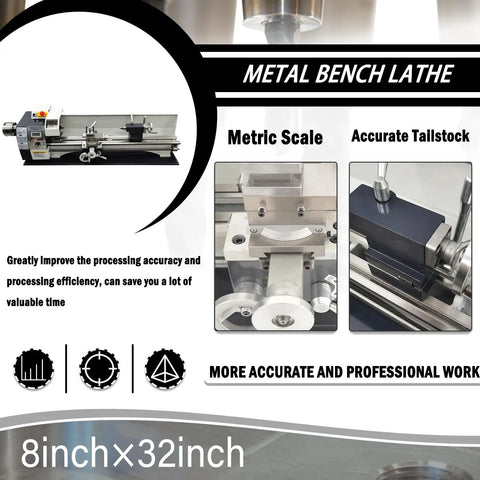 Lgxenzhuo 1100W Double Head Mini Metal Lathe With MT5 Spindle Taper And 8x32 Inch Bench, showcasing ideal metrics and tailstock for precision work.