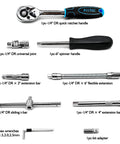 Detailed view of components from 46 Piece One Quarter Inch Drive Socket Ratchet Wrench Set With Metric Sockets And Bit Set Plus Extension Bars Universal Joint And Storage Case Built From CR V Steel For Auto Repair And Home Projects Your Go To DIY Kit