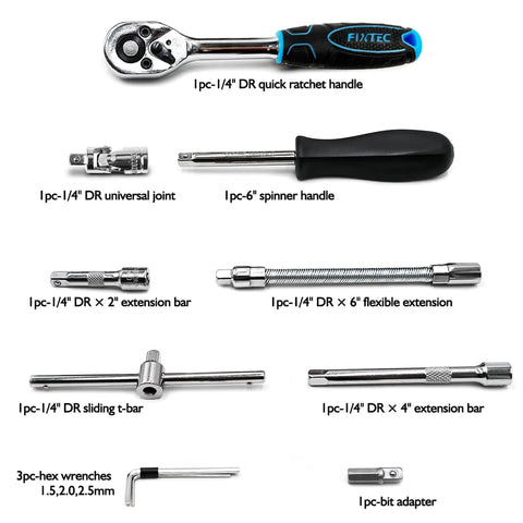 Detailed view of components from 46 Piece One Quarter Inch Drive Socket Ratchet Wrench Set With Metric Sockets And Bit Set Plus Extension Bars Universal Joint And Storage Case Built From CR V Steel For Auto Repair And Home Projects Your Go To DIY Kit