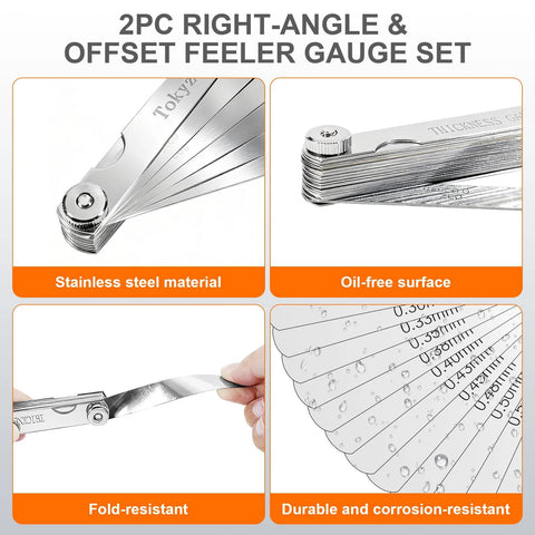 Tokyzexi stainless steel feeler gauge set, 2-piece with 32 straight blades and 16 angled blades